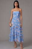 Blue Sheath Strapless Chiffon Tiered Printed Long Floral Dress