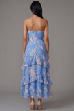 Blue Sheath Strapless Chiffon Tiered Printed Long Floral Dress