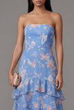 Blue Sheath Strapless Chiffon Tiered Printed Long Floral Dress