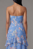 Blue Sheath Strapless Chiffon Tiered Printed Long Floral Dress