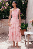 One Shoulder Chiffon Pink Ruched Tiered Printed Long Floral Dress