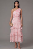 One Shoulder Chiffon Pink Ruched Tiered Printed Long Floral Dress