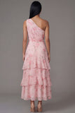 One Shoulder Chiffon Pink Ruched Tiered Printed Long Floral Dress