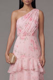 One Shoulder Chiffon Pink Ruched Tiered Printed Long Floral Dress