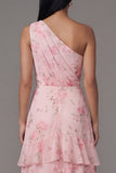 One Shoulder Chiffon Pink Ruched Tiered Printed Long Floral Dress