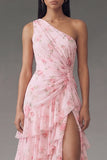 Rosie Romance Pink Floral One-Shoulder Tiered Maxi Dress with High Slit