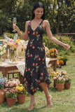 Black A-Line Chiffon V-Neck Printed Midi Floral Dress