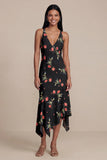 Black A-Line Chiffon V-Neck Printed Midi Floral Dress