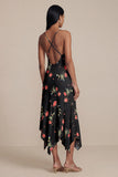 Black A-Line Chiffon V-Neck Printed Midi Floral Dress