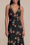 Black A-Line Chiffon V-Neck Printed Midi Floral Dress