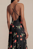 Black A-Line Chiffon V-Neck Printed Midi Floral Dress