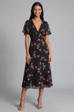 A-Line Black Red Flower V-Neck Midi Dress with Short Sleeves