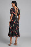 A-Line Black Red Flower V-Neck Midi Dress with Short Sleeves