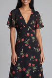 A-Line Black Red Flower V-Neck Midi Dress with Short Sleeves