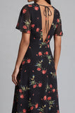 A-Line Black Red Flower V-Neck Midi Dress with Short Sleeves