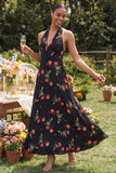 Halter Neck Chiffon Sheath Black Red Flower Printed Maxi Dress