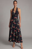 Halter Neck Chiffon Sheath Black Red Flower Printed Long Wedding Guest Dress