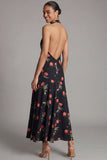Halter Neck Chiffon Sheath Black Red Flower Printed Maxi Dress