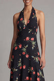 Halter Neck Chiffon Sheath Black Red Flower Printed Maxi Dress