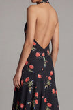 Halter Neck Chiffon Sheath Black Red Flower Printed Maxi Dress