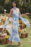 White Blue Flower V-Neck Sheath Chiffon Maxi Dress with Neck Scarf