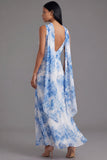 White Blue Flower V-Neck Sheath Chiffon Maxi Dress with Neck Scarf