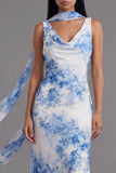 White Blue Flower V-Neck Sheath Chiffon Maxi Dress with Neck Scarf