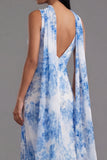 White Blue Flower V-Neck Sheath Chiffon Maxi Dress with Neck Scarf