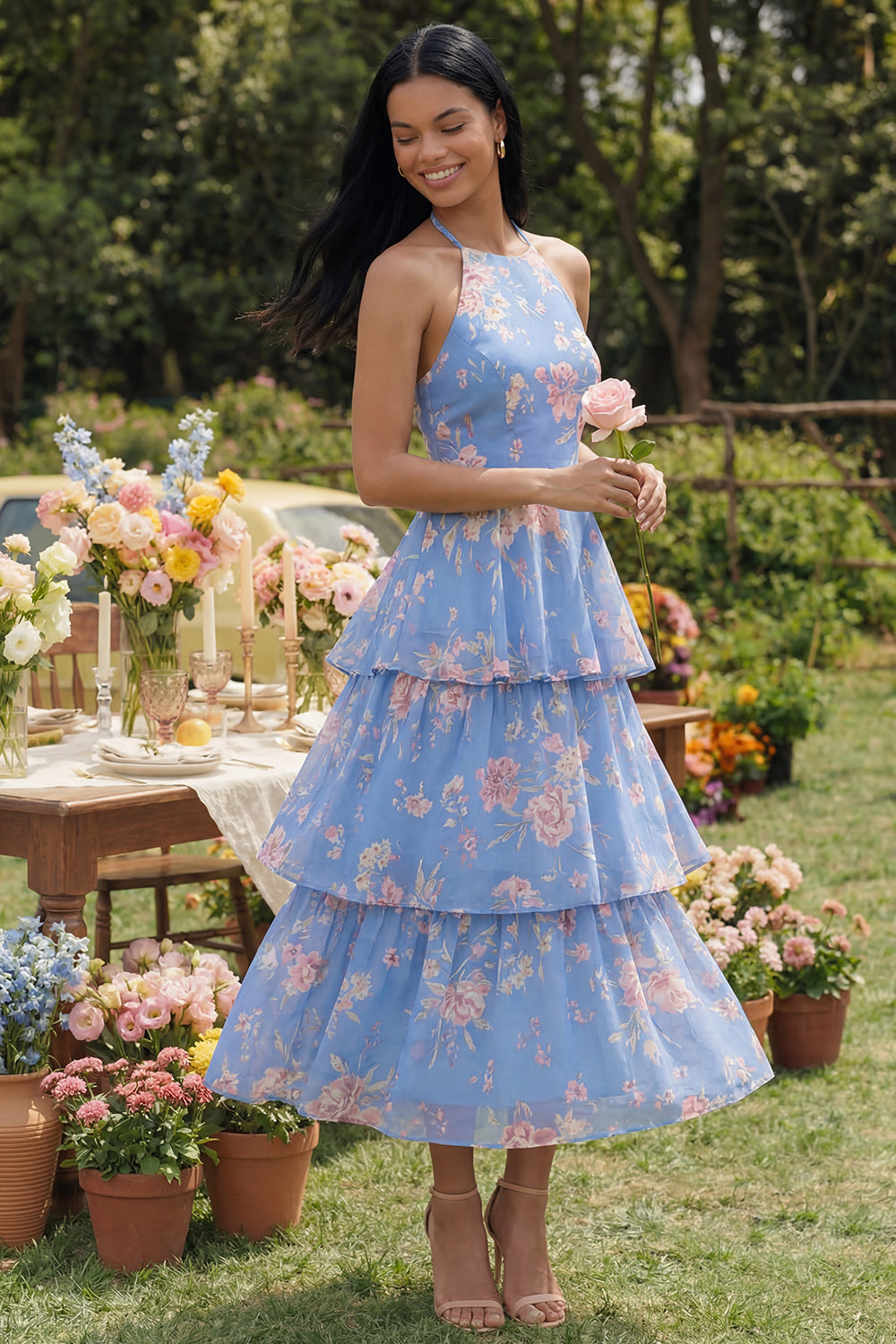 ZAPAKA Women Chiffon Blue Pink Flower Floral Dress Halter Neck Tiered A