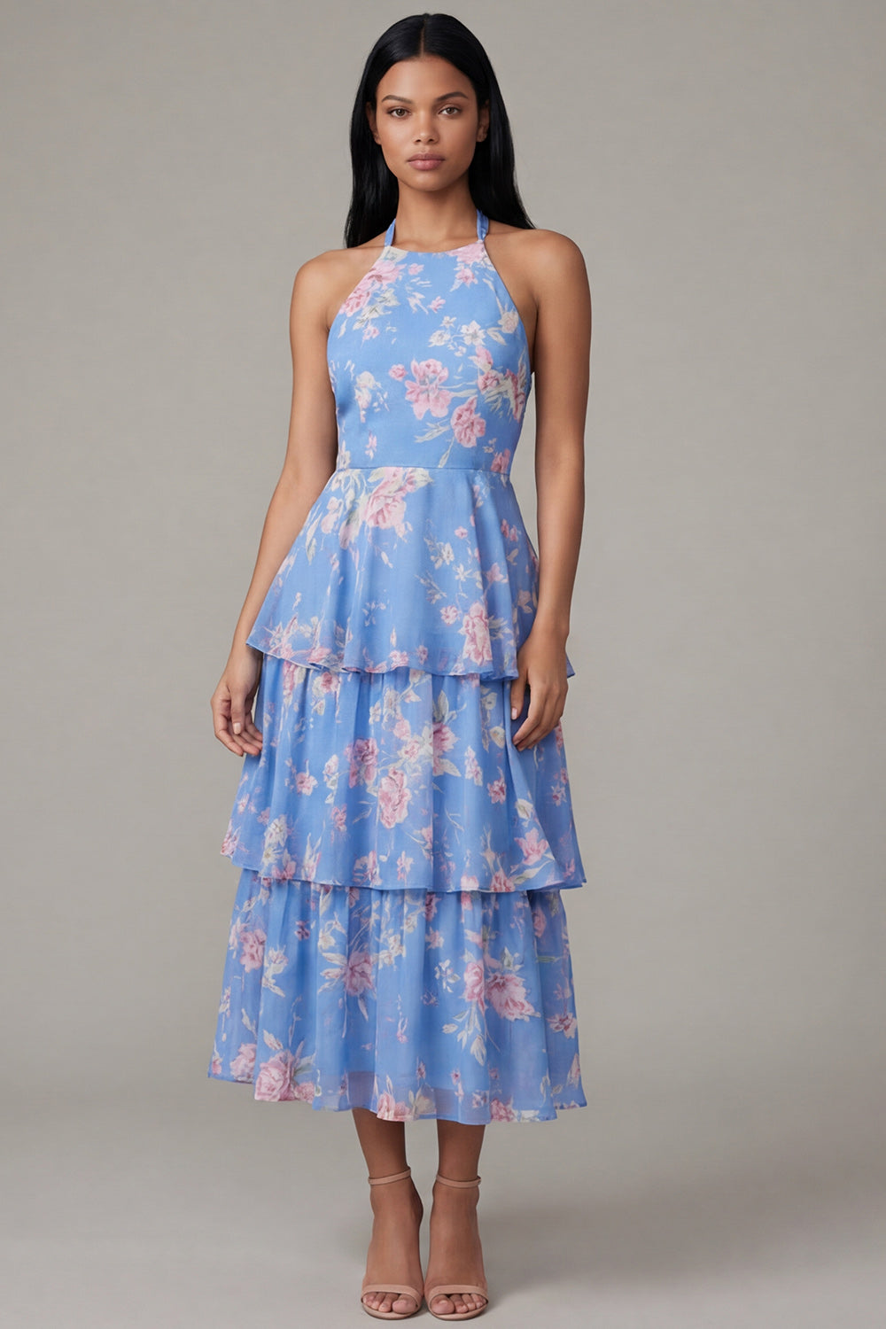 ZAPAKA Women Chiffon Blue Pink Flower Floral Dress Halter Neck Tiered A