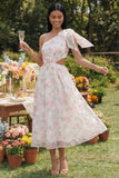 One Shoulder White Pink Flower Chiffon Cut Out A-Line Floral Dress with Bow