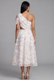 One Shoulder White Pink Flower Chiffon Cut Out A-Line Floral Dress with Bow