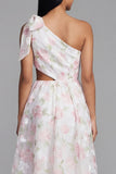 One Shoulder White Pink Flower Chiffon Cut Out A-Line Floral Dress with Bow