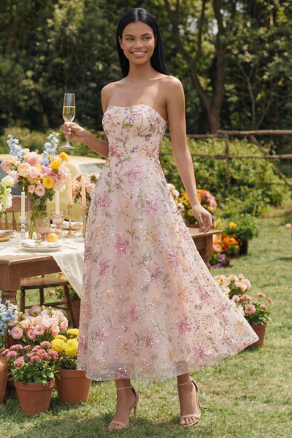 ZAPAKA Women Chiffon Pink Wedding Guest Dress A-Line Floral Printed Long Formal Dress with Beading, Pink / US14