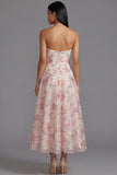 Chiffon Pink Strapless Printed Long Floral Dress with Beading