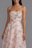 Chiffon Pink Strapless Printed Long Floral Dress with Beading