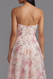 Chiffon Pink Strapless Printed Long Floral Dress with Beading