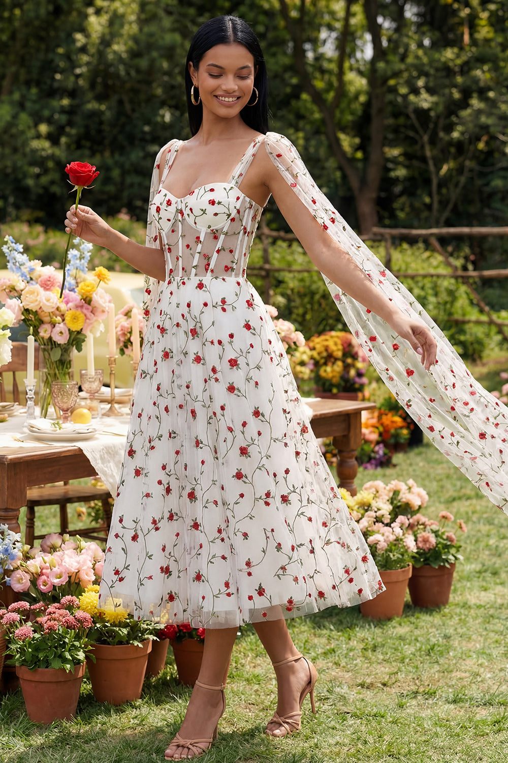 ZAPAKA Women Ivory Rose Embroidered Corset Midi Dress Secret Garden Romance Wedding Guest Dress, Ivory / US20W