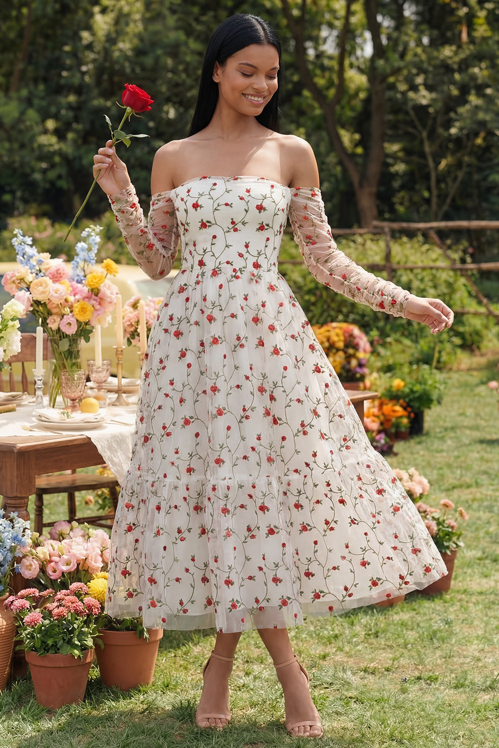 ZAPAKA Women Ivory Red Flower Wedding Guest Dress A-Line Strapless Midi Floral Dress with Sheer Sleeves, Ivory / US14 ZAPAKA Women Ivory Red Flower Wedding Guest Dress A-Line Strapless Midi Floral Dress with Sheer Sleeves, Ivory / US14