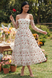 Ethereal Bloom White Tulle Rose Embroidered Off-The-Shoulder Midi Dress