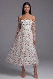 Ethereal Bloom White Tulle Rose Embroidered Off-The-Shoulder Midi Dress