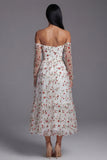 Ethereal Bloom White Tulle Rose Embroidered Off-The-Shoulder Midi Dress