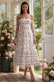 Ethereal Bloom White Tulle Rose Embroidered Off-The-Shoulder Midi Dress