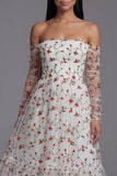 Ethereal Bloom White Tulle Rose Embroidered Off-The-Shoulder Midi Dress