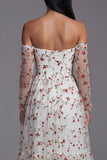 Ethereal Bloom White Tulle Rose Embroidered Off-The-Shoulder Midi Dress
