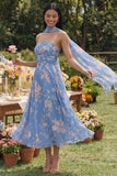 Blue Ruched Strapless Midi Floral Dress With Matching Scarf Set