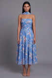 Blue Ruched Strapless Midi Floral Dress With Matching Scarf Set