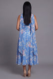Blue Ruched Strapless Midi Floral Dress With Matching Scarf Set