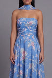 Blue Ruched Strapless Midi Floral Dress With Matching Scarf Set