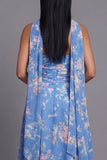 Blue Ruched Strapless Midi Floral Dress With Matching Scarf Set